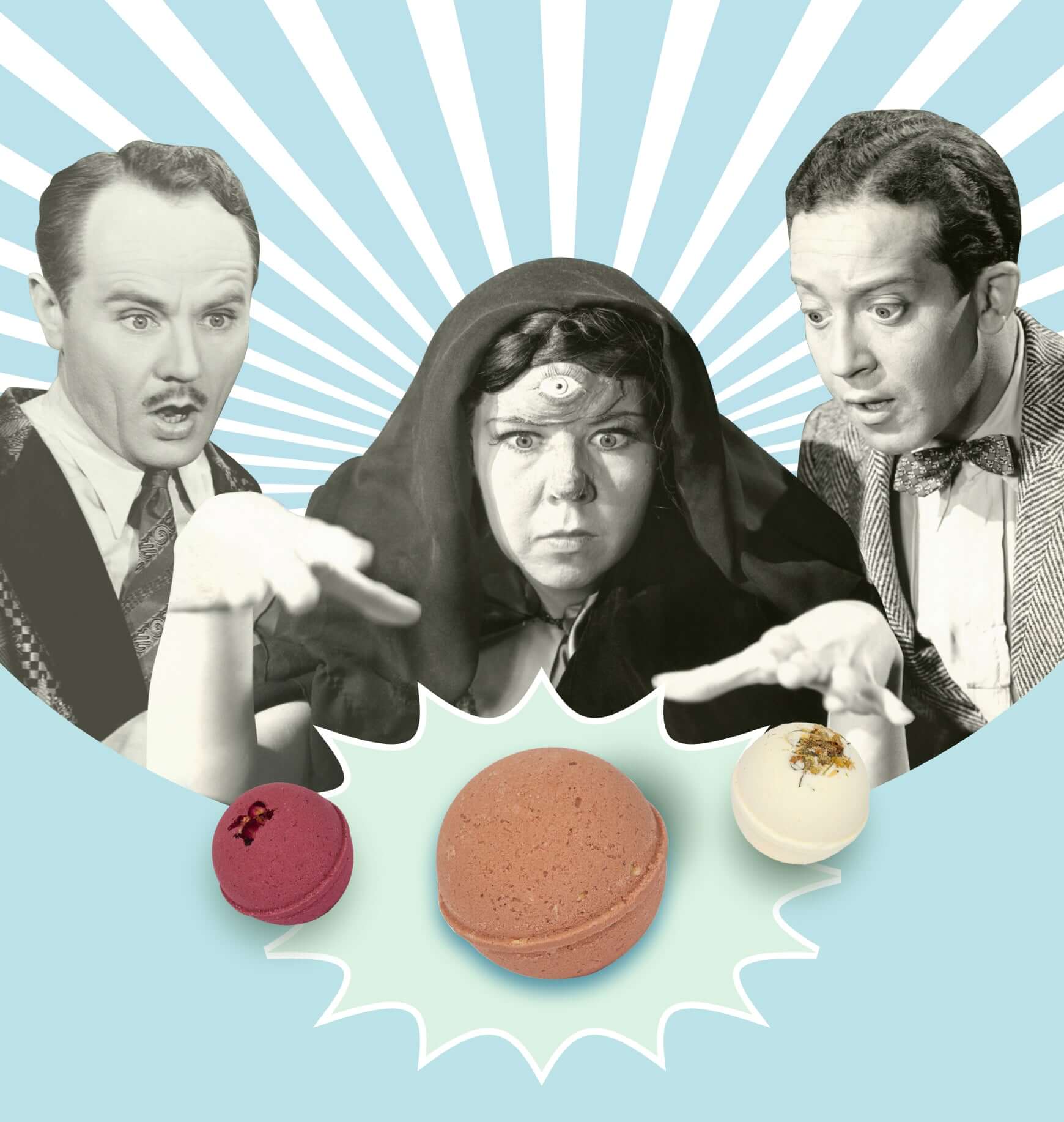 Three people in a vintage-style setting with bath bombs below them