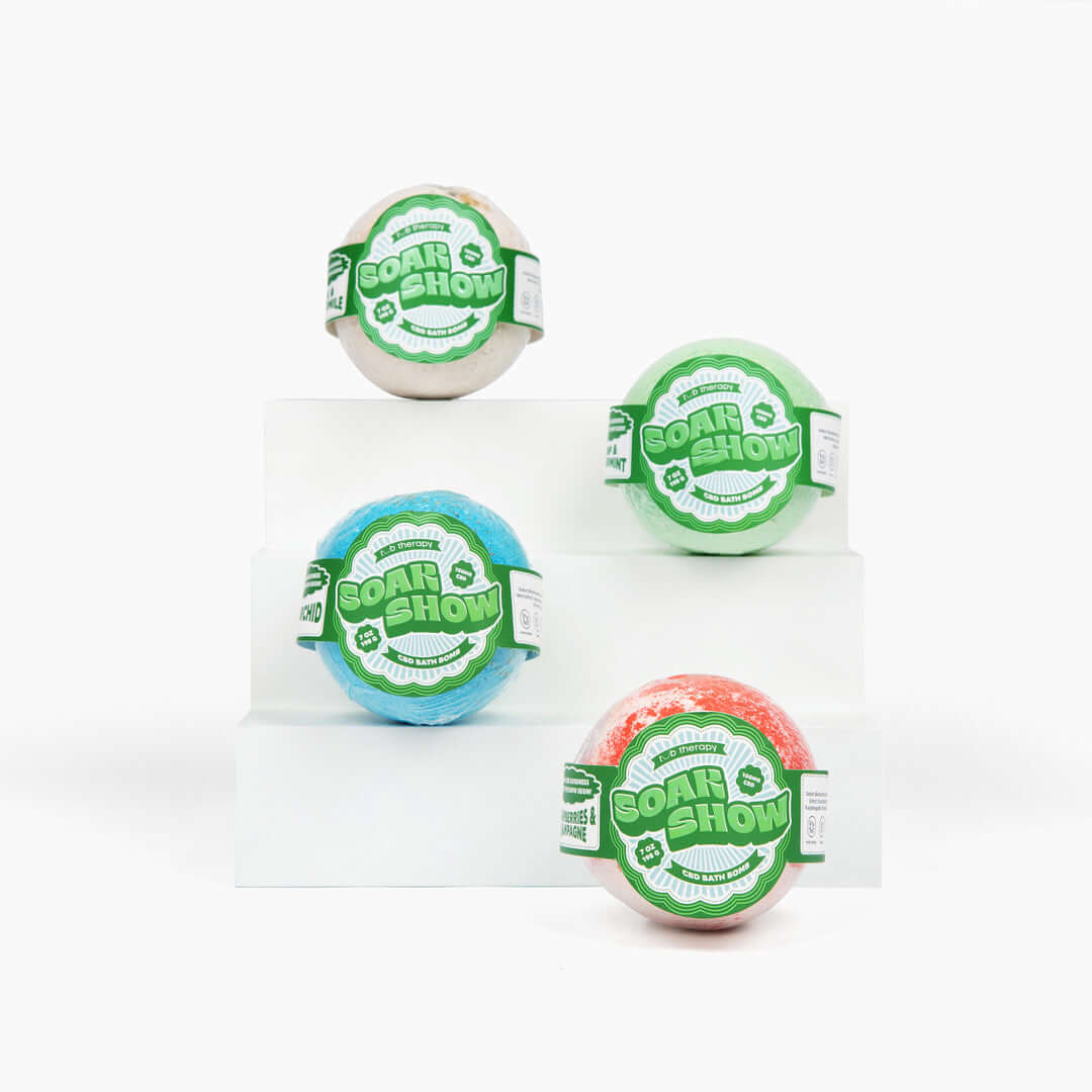 Soakshow CBD Bath Bomb Bundle with four colorful bath bombs for relaxation and self-care.