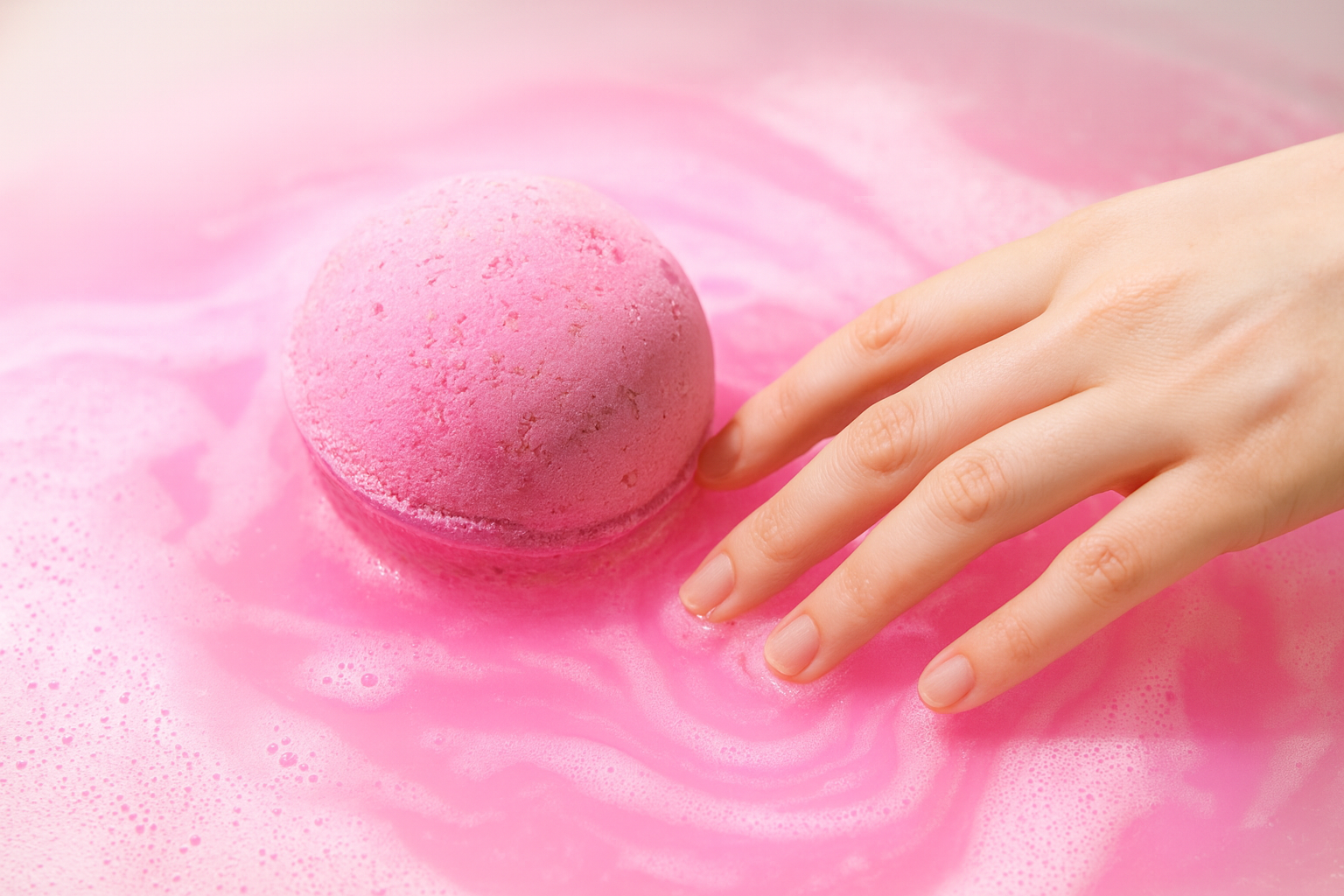 Cotton Candy CBD Bath Bomb melting in pink water with hand reaching out to it.