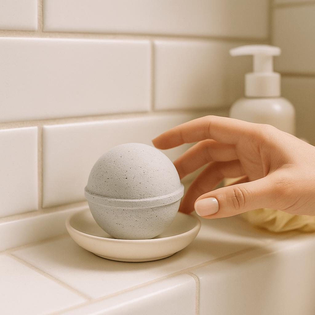 Soakshow CBD Bath Bomb in jasmine and charcoal on a dish, hand reaching for it in a serene bathroom setting.