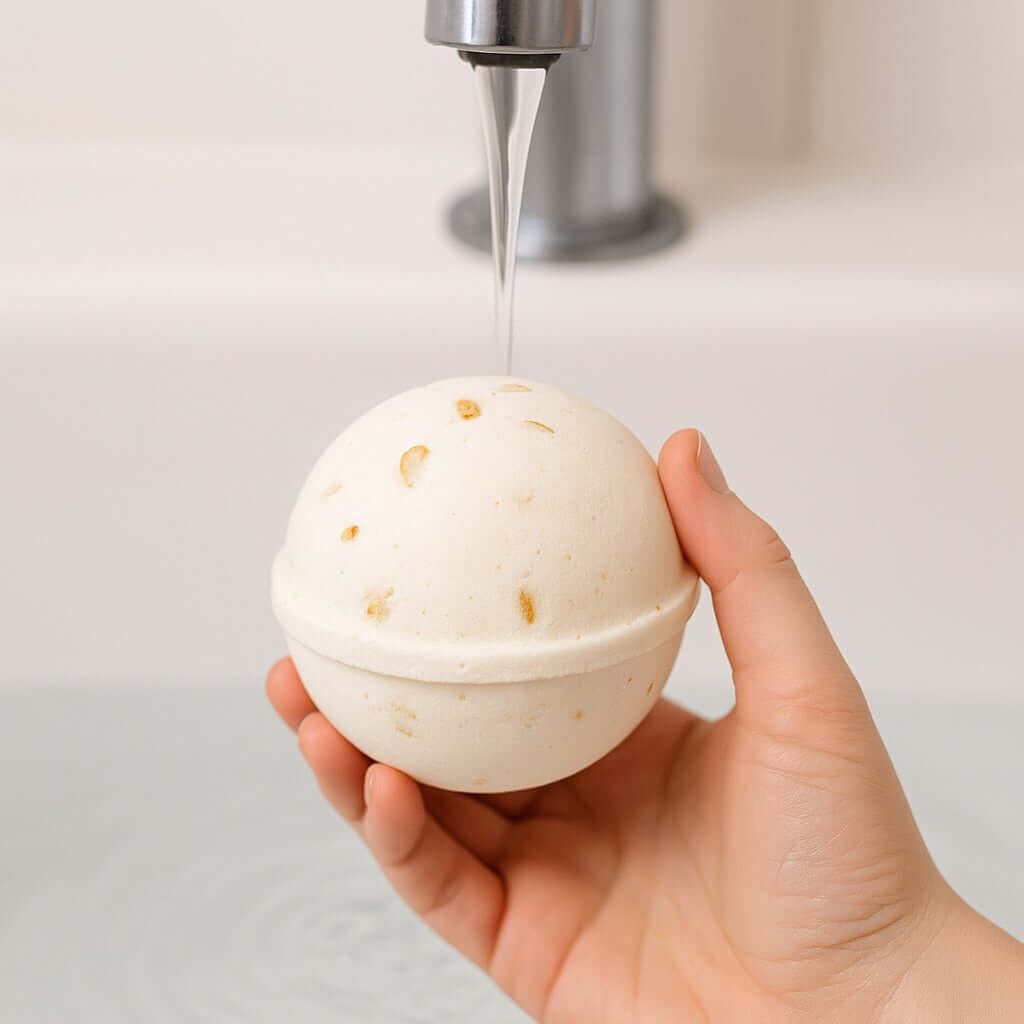 Soakshow CBD Bath Bomb in Oatmeal & Shea held under running water, ready for a relaxing bath experience.