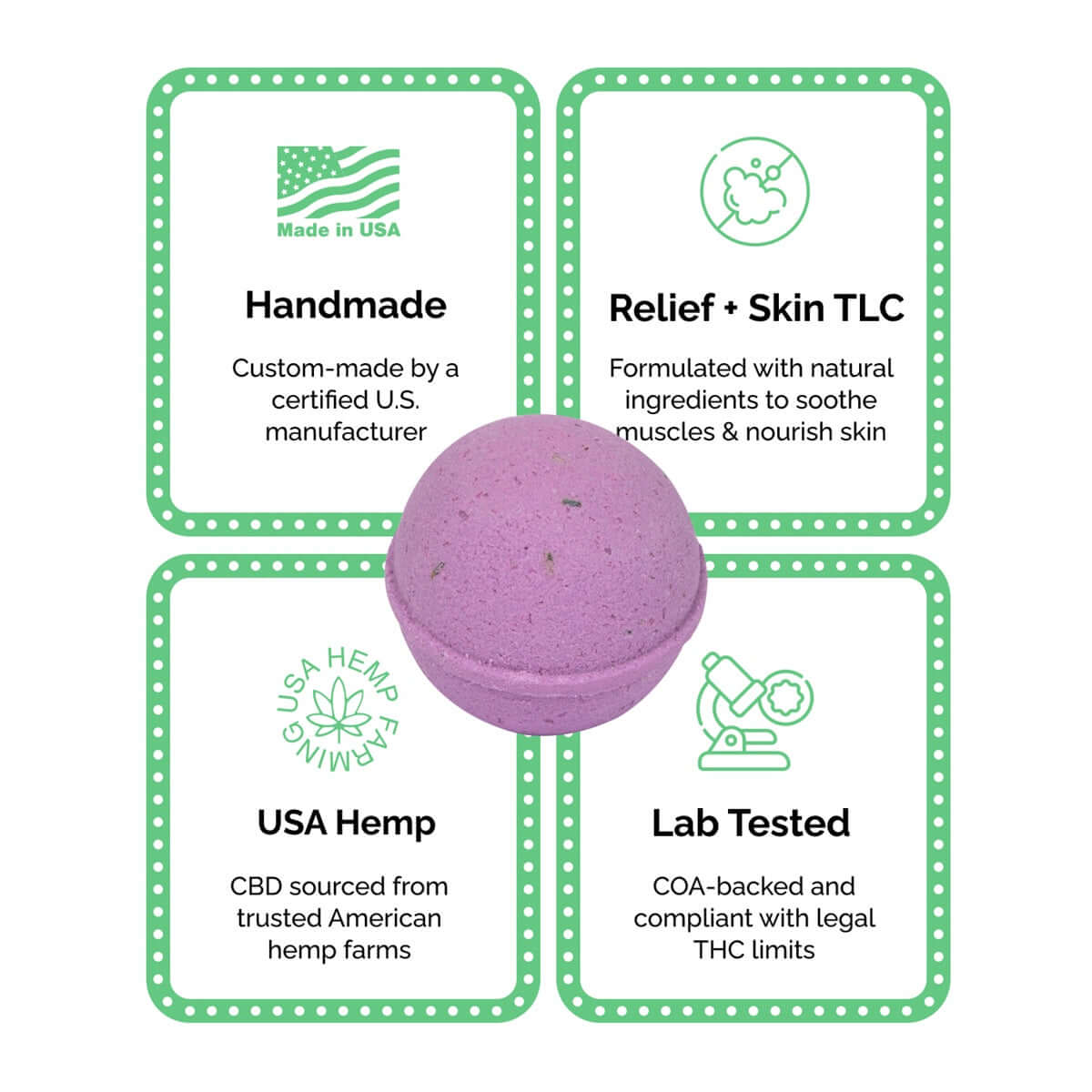 Tub Therapy Soakshow CBD Bath Bombs are Handmade, Made with Natural Ingredients for Full Body Relief and Skin TLC, CBD Sourced from USA hemp famrs, and each are Lab Tested