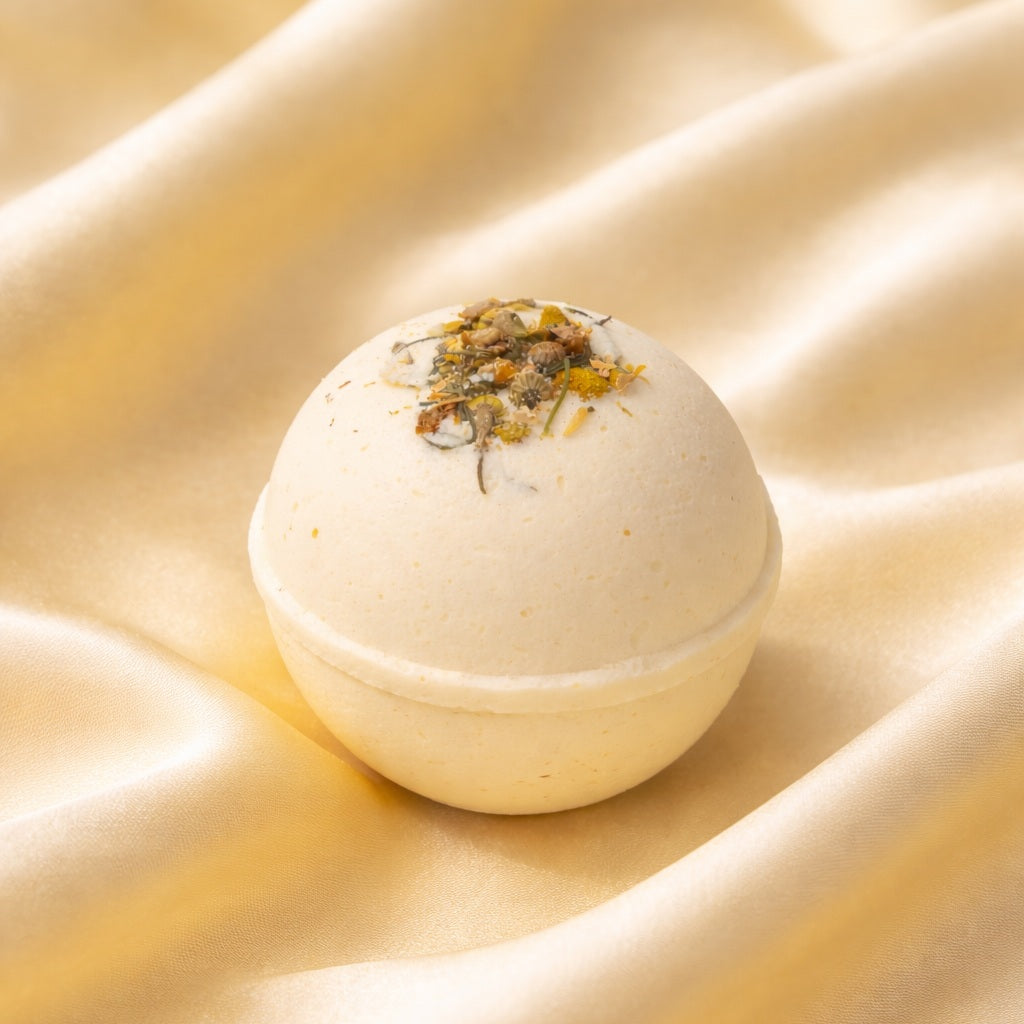 Bath bomb on a yellow fabric background