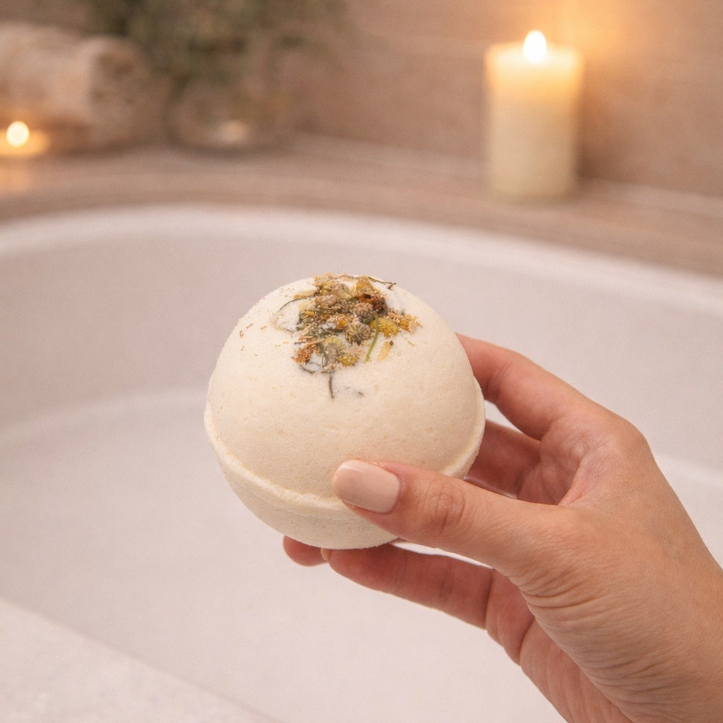 Hand holding a bath bomb with herbs over a bathtub with candles in the background