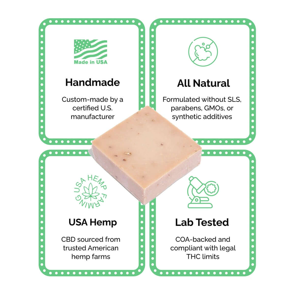 Soaperstar CBD Cherry Blossom soap with labels for handmade, all-natural, USA hemp, and lab tested quality.