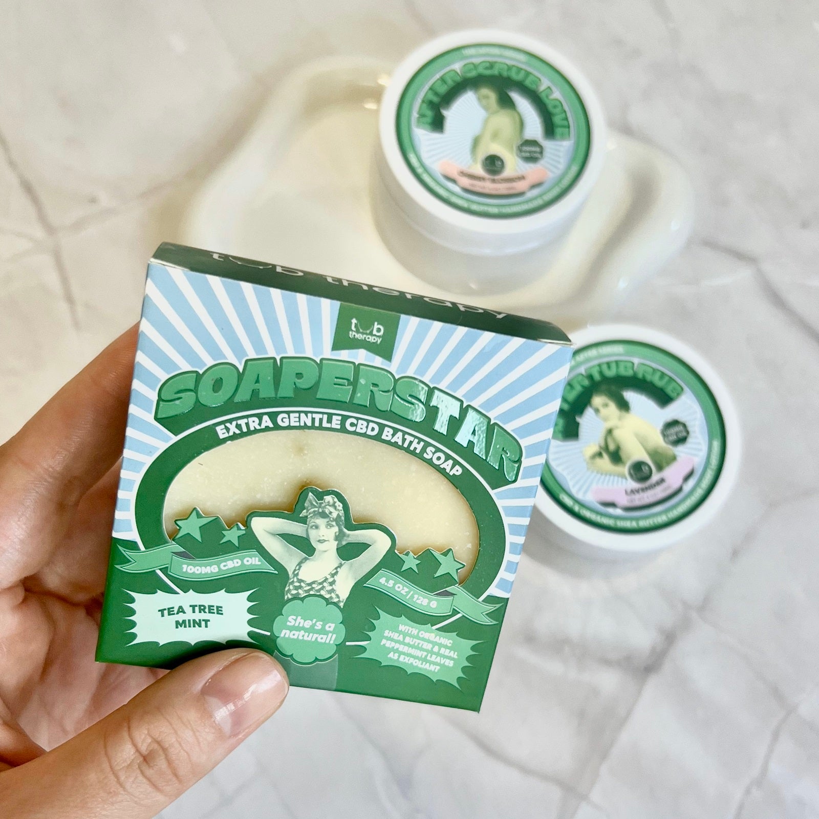 Soaperstar CBD Bath Soap in Tea Tree Mint, handmade with CBD and tea tree oil, showcased in eco-friendly packaging.