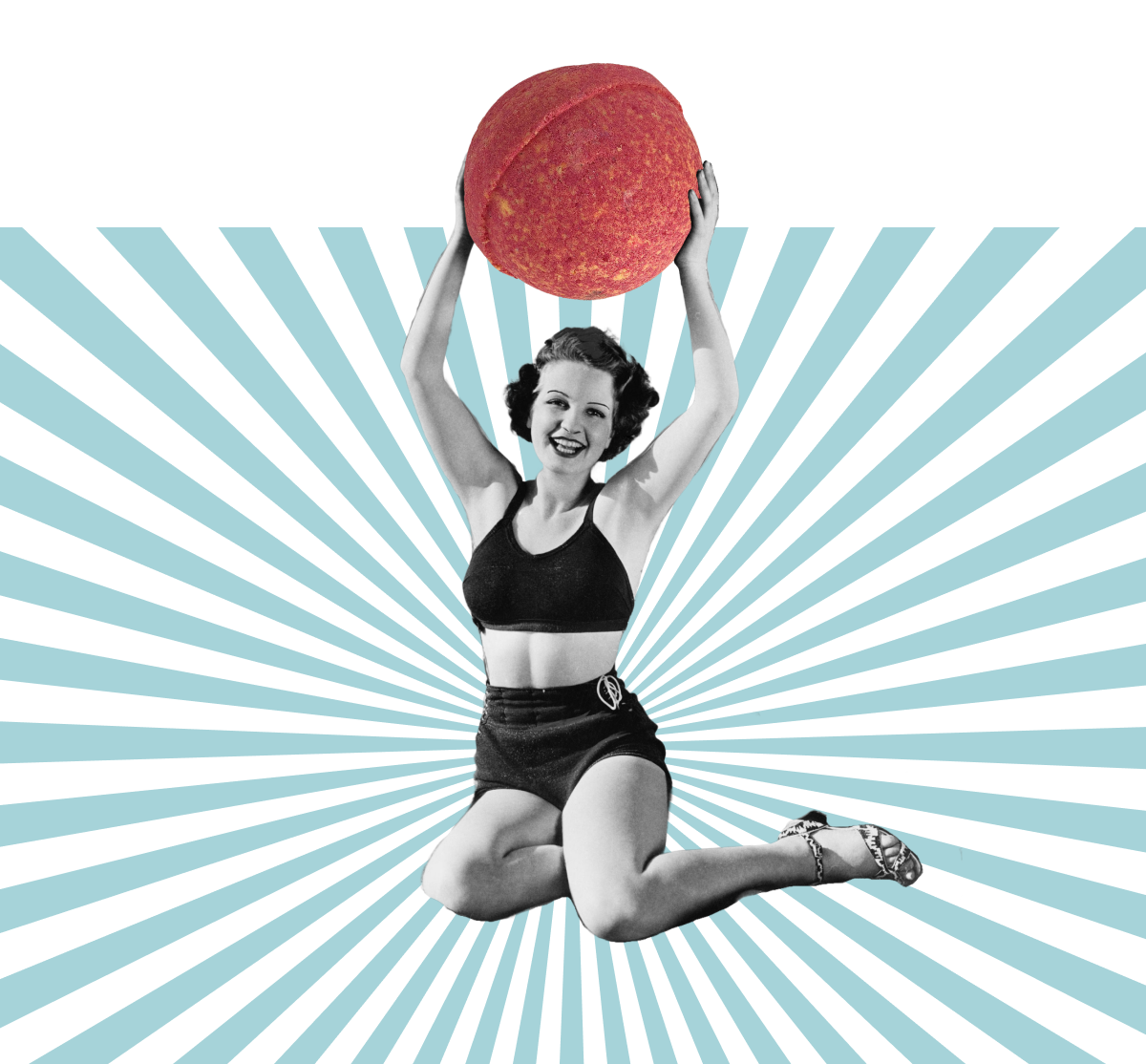 Retro image of a lady holding a bath bomb in the air