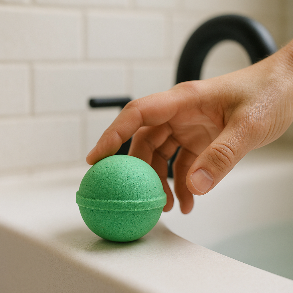 Hand reaching out to Tub Therapy Hemp & Peppermint CBD Bath Bomb