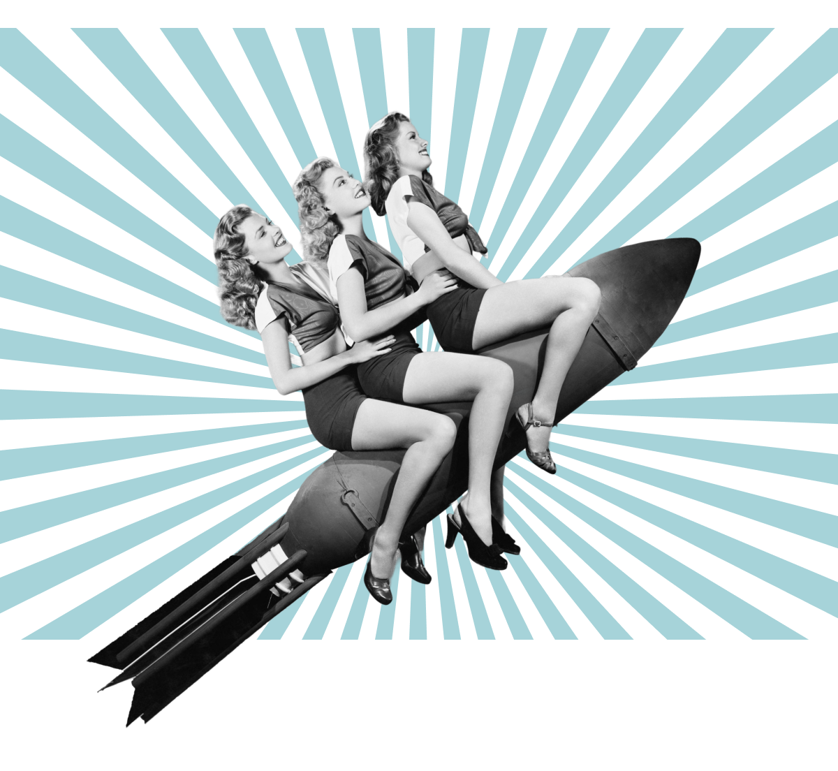 Retro image of 3 ladies on a rocket